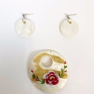 handpainted FLORAL faux seashell PENDANT and EARRINGS jewelry set